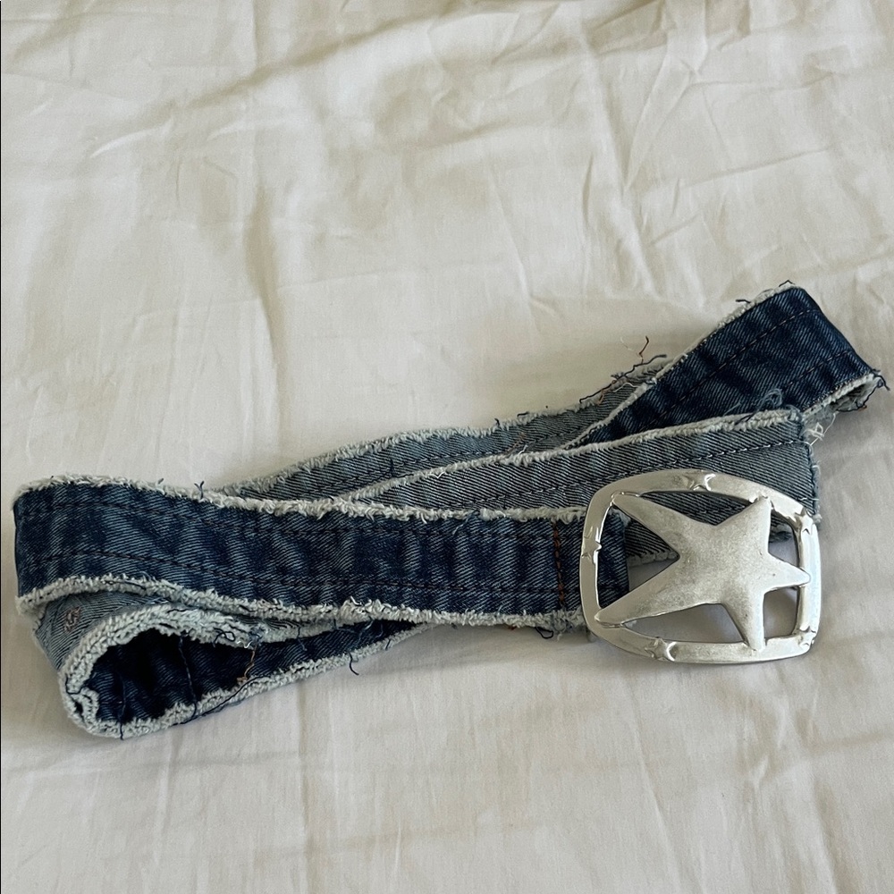 Urban Outfitters Blue Denim Belt with Silver Star Buckle